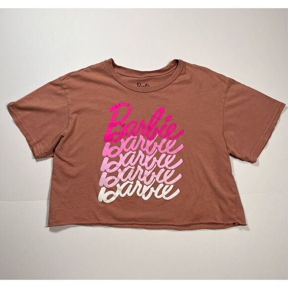 Barbie 100% Cotton Short Sleeve Crop Top Pink Barbie Name Logo Front Size Large - Picture 1 of 6